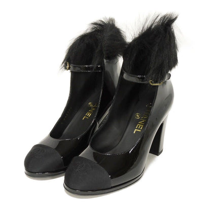 CHANEL pumps G45174 Patent leather x fur black COCO Mark Mary Jane Patent Fur 36C