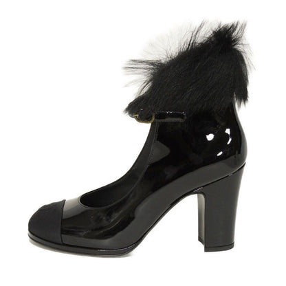 CHANEL pumps G45174 Patent leather x fur black COCO Mark Mary Jane Patent Fur 36C
