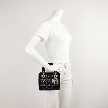 Lady Dior Mini Black Silk with Crystals Silver Hardware