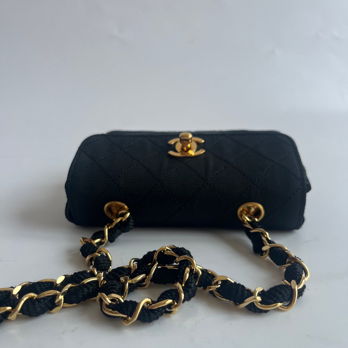 Chanel Vintage Fabric Extra Mini Flap Bag 24k Gold Button Strap