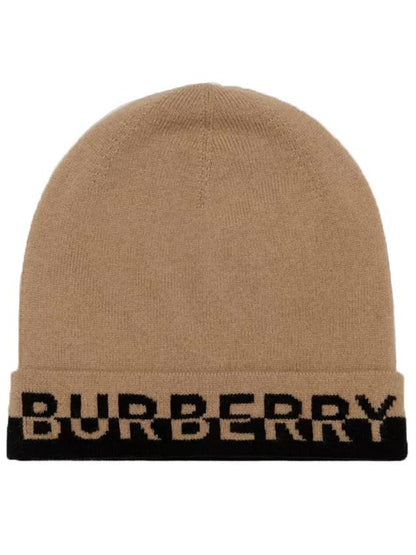 Luxury Burberry Cashmere Intarsia Logo Beanie Brown
