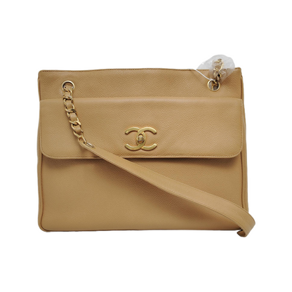Chanel Vintage Front Pocket Tote Beige Caviar Leather Double Gold Chain