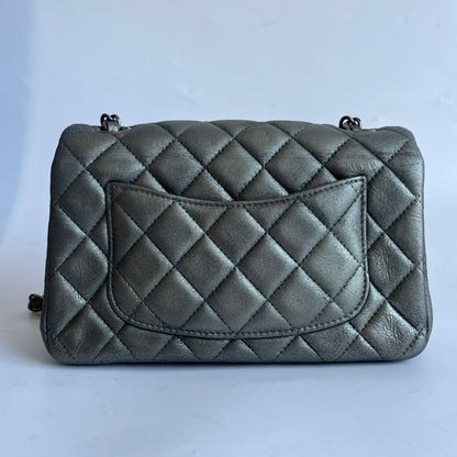 Chanel Classic Flap Rectangular Mini Metallic Grey Lambskin Leather Silver Hardware
