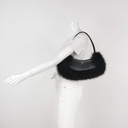 FENDI O Lock Black Leather and Faux Fur Shoulder Bag