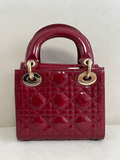 Lady Dior Mini Handbag Burgundy Red Patent Leather Gold-tone Chain Strap 2020 Suede Interior