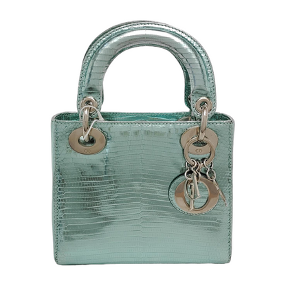 Lady Dior Mini Metallic Light Blue Lizard Skin Leather Silver Hardware Chain Strap