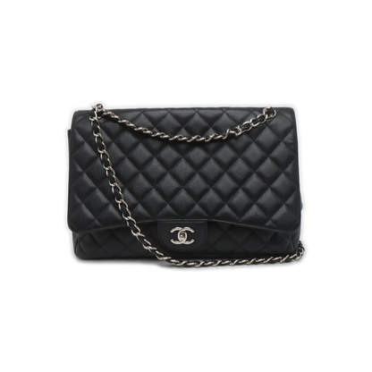 Chanel Classic Flap Maxi Black Caviar Leather Single Flap with Silver Hardware