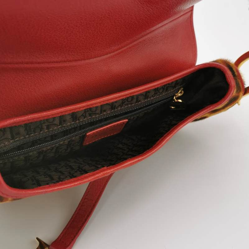 Dior Saddle Vintage Leopard Print Ponyhair and Red Leather John Galliano Rare