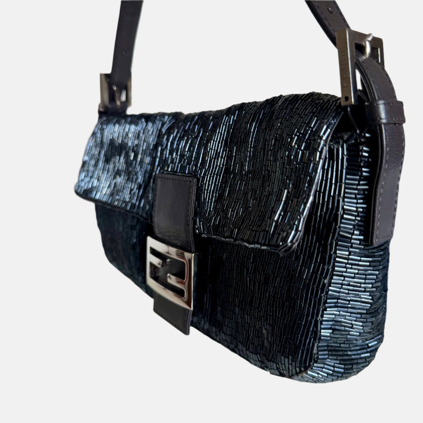 Fendi Baguette Metallic Navy Black Glittering Waterfall Beads Shoulder Bag