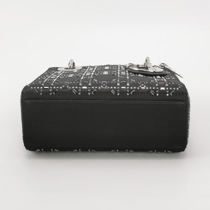 Lady Dior Mini Black Silk with Crystals Silver Hardware