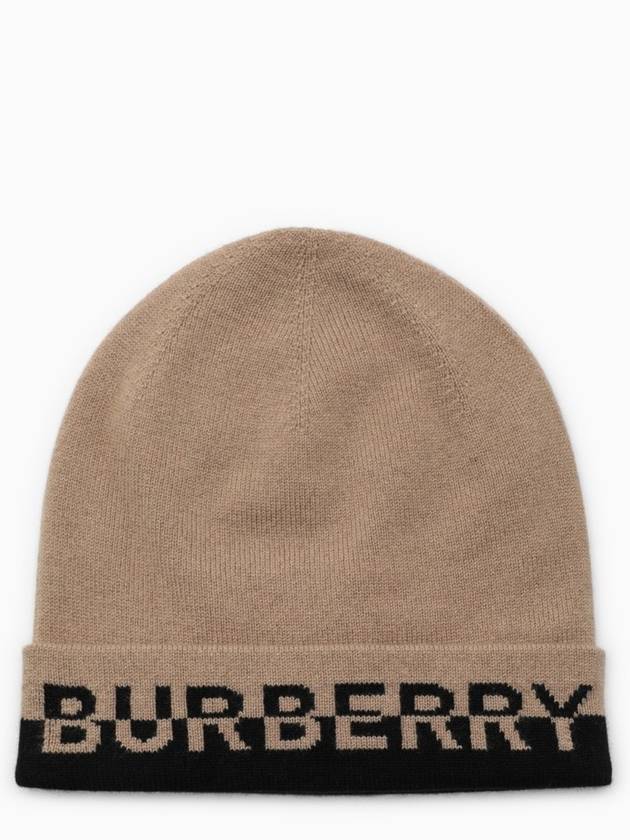 Luxury Burberry Cashmere Intarsia Logo Beanie Brown