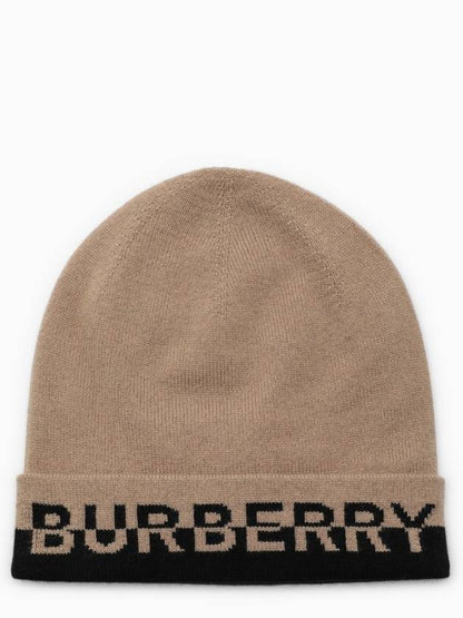 Luxury Burberry Cashmere Intarsia Logo Beanie Brown