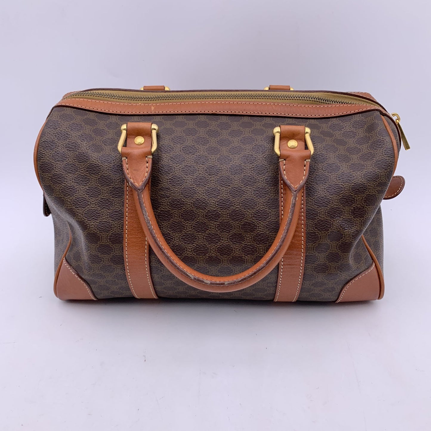 Luxury CELINE Vintage Brown Macadam Canvas Boston Bag Duffel Duffle