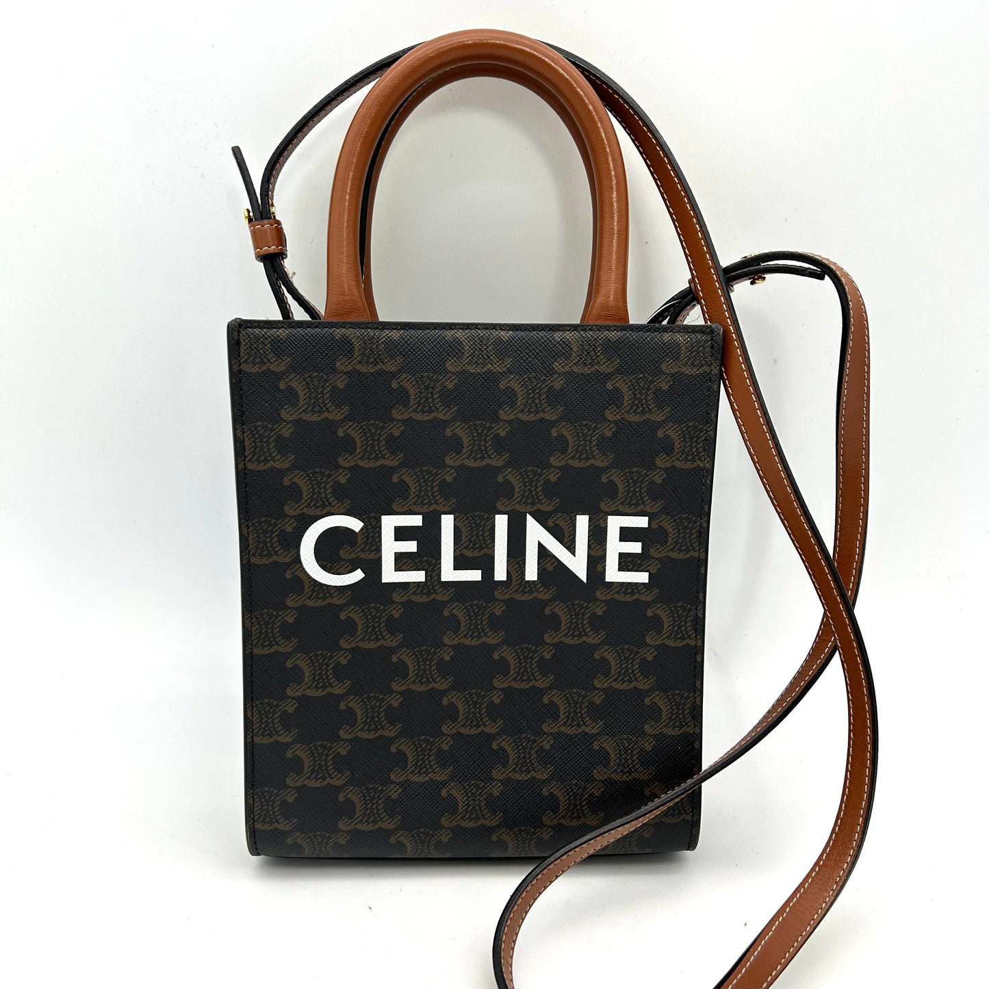 Luxury CELINE Black/Brown Triomphe Coated Canvas and Leather Mini Vertical Cabas Tote Luxury CELINE ce33107cc