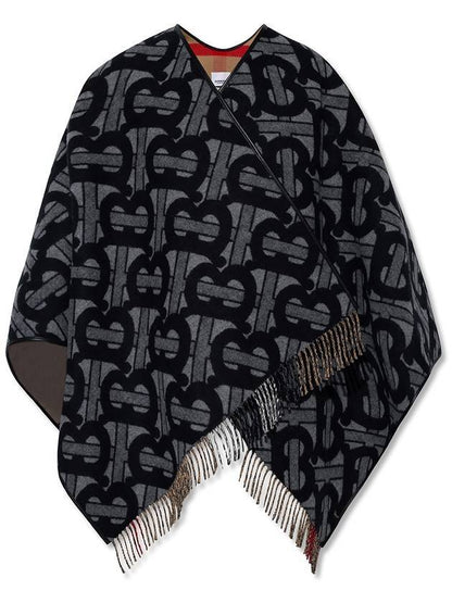 Luxury Burberry Monogram Wool Cashmere Jacquard Cape Grey