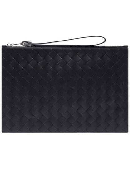 Luxury Bottega Veneta Intrecciato Strap Large Clutch Bag Black