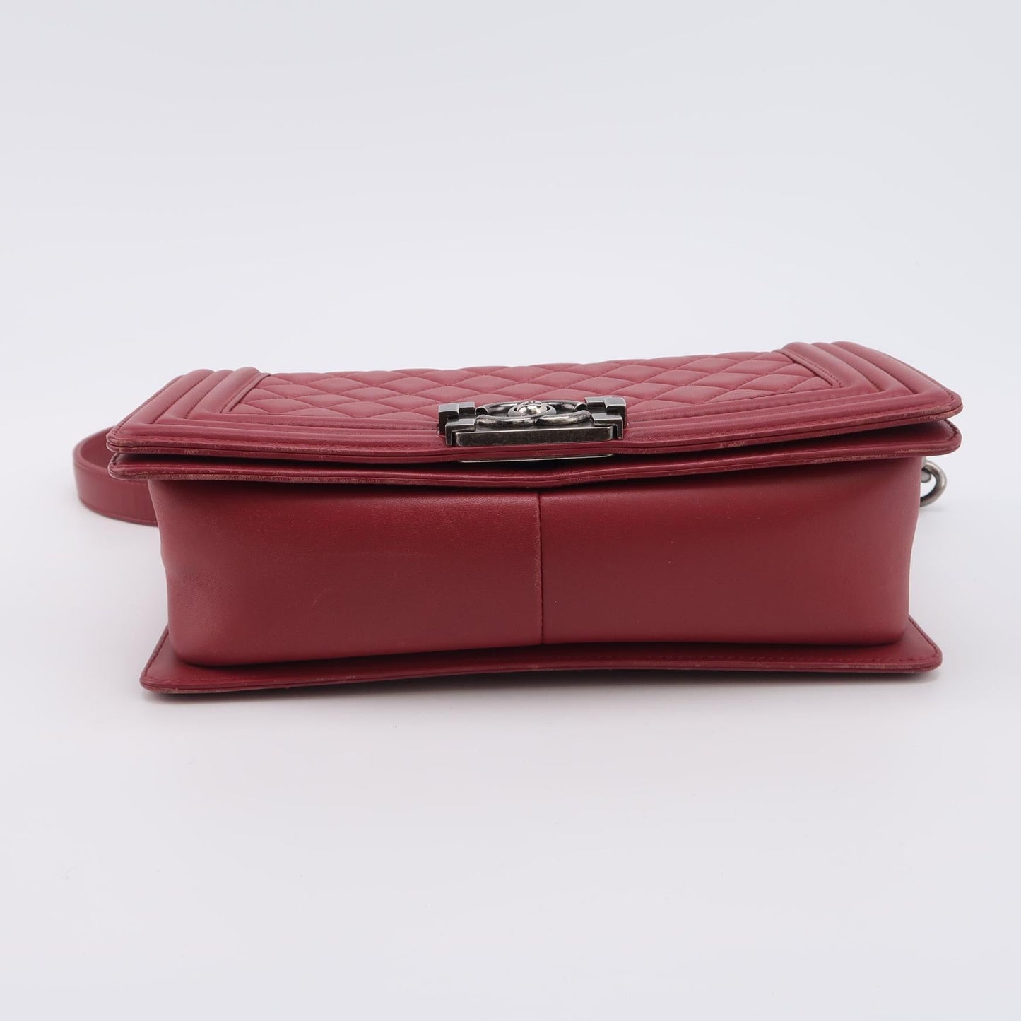 Chanel Le Boy Medium Bag Burgundy Lambskin Leather Silver Antiqued Hardware