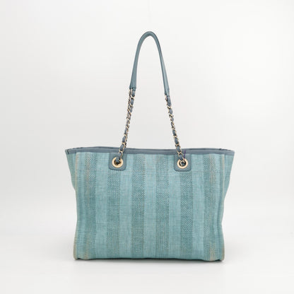 Chanel Deauville Tote Light Blue Turquoise Stripes Cloth Leather Chain Handle Small 34cm