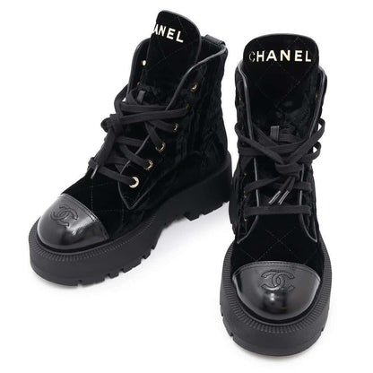 CHANEL Lace-up short boots BlackG45798 Velvet Calf Leather Size 37 1/2C