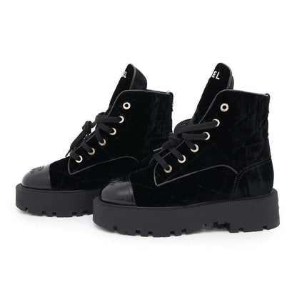 CHANEL Lace-up short boots BlackG45798 Velvet Calf Leather Size 37 1/2C