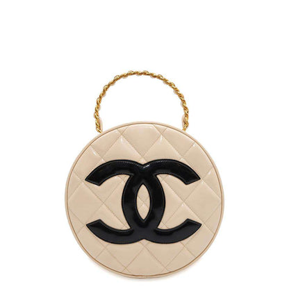 CHANEL Round Vanity Handbag Beige Patent Leather