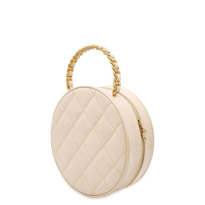 CHANEL Round Vanity Handbag Beige Patent Leather