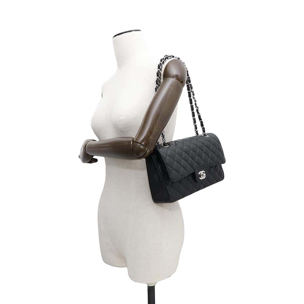 CHANEL Matelasse W flap WChainShoulder Bag BlackA01112 Caviar Leather Size 25