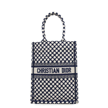 Dior Vertical Book Tote Dot White/Navy Canvas