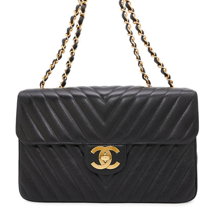CHANEL V Stitch ChainShoulder Bag BlackA03660 Caviar Leather Size 34