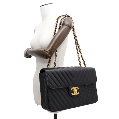 CHANEL V Stitch ChainShoulder Bag BlackA03660 Caviar Leather Size 34