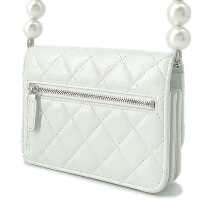 CHANEL Matelasse Pearl Shoulder Wallet WhiteAP1839 Calf Leather