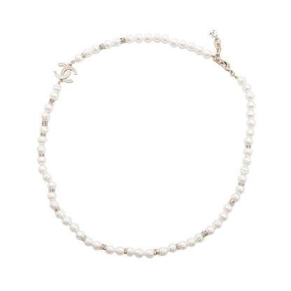 CHANEL CC Logo Faux Pearl Necklace Gold/White Gold Plated