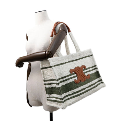 CELINE Triomphe Large Cabas Thais Tote Bag White/Green Canvas Leather Size Large