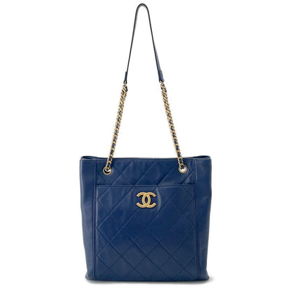 CHANEL Chain Tote Shopping Bag NavyAS2295 Calf Leather Size Small