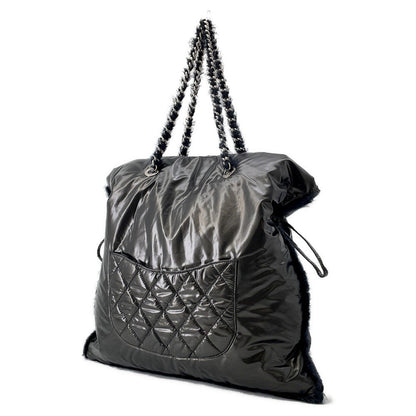 CHANEL CC Logo ChainTote Bag Black Nylon Fur