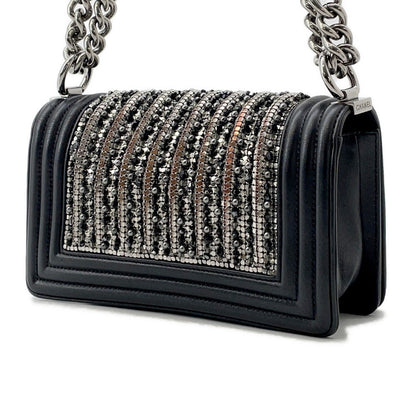 CHANEL Boy Chanel ChainShoulder Bag Black/Silver Lambskin Bijoux Size Small