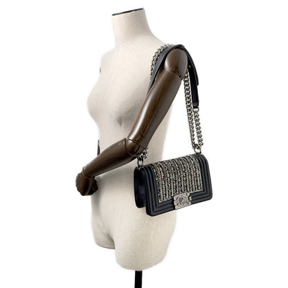 CHANEL Boy Chanel ChainShoulder Bag Black/Silver Lambskin Bijoux Size Small