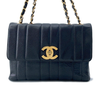 CHANEL Mademoiselle Single Flap ChainShoulder Bag Black Caviar Leather Size 30