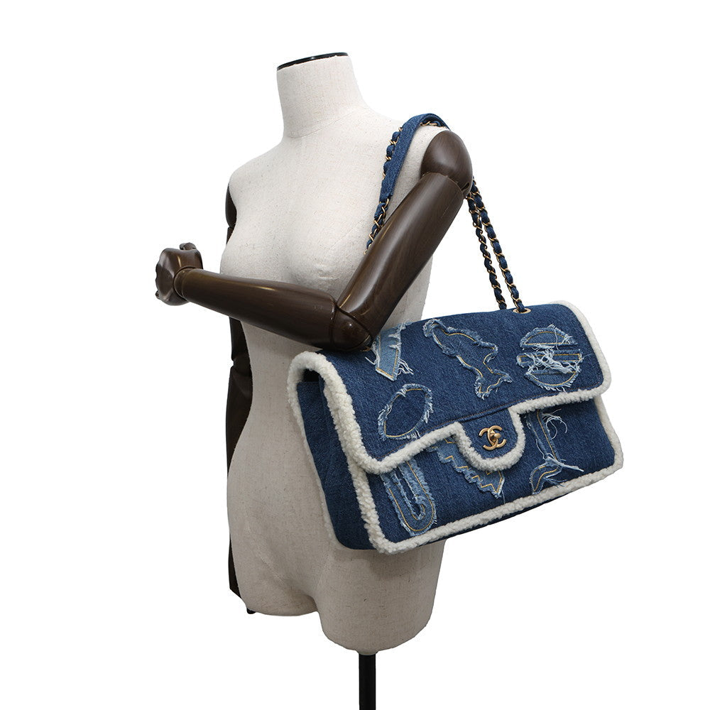 CHANEL Egyptian Line Single Flap Double Chain Shoulder Bag Blue Denim Mouton