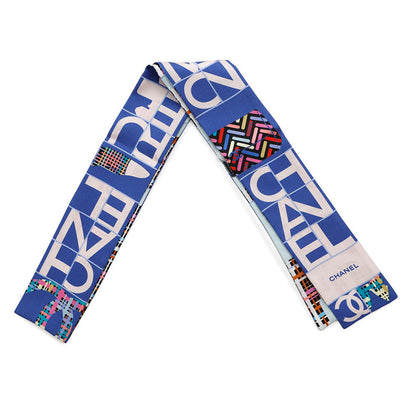 CHANEL Twilly Scarf all-over pattern Blue/Pink/Multicolor Silk100%