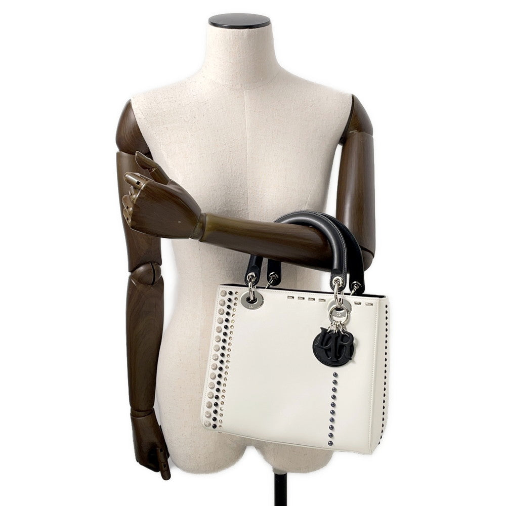 Dior Lady Dior White/BlackM0550PVBC Leather Rhinestone Size Medium