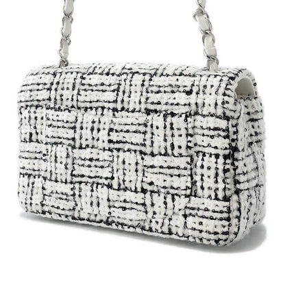 CHANEL Mini Matelasse ChainShoulder Bag White/BlackA69900 Tweed Sequins Leather
