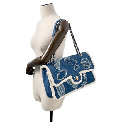CHANEL Egyptian Line Chain Shoulder Bag Blue Denim Mouton