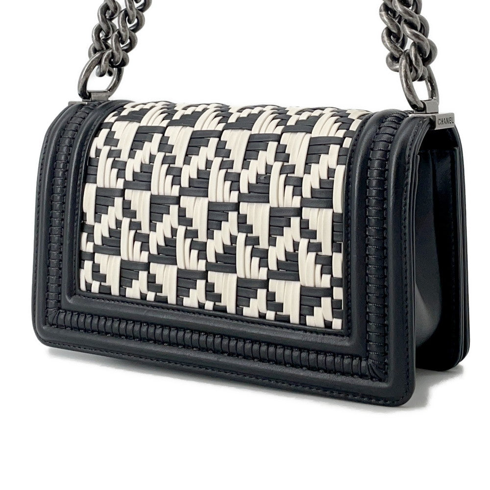CHANEL Boy Chanel Woven Chainshoulder Bag White/BlackA67085 Leather Size Small