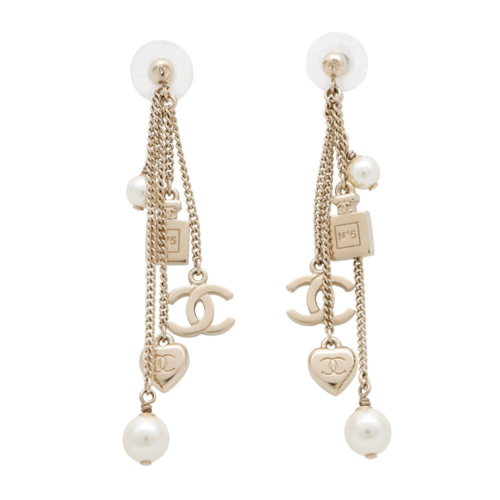CHANEL CC Logo Perfume Bottle Heart Pearl Earrings Gold Metal Faux Pearl