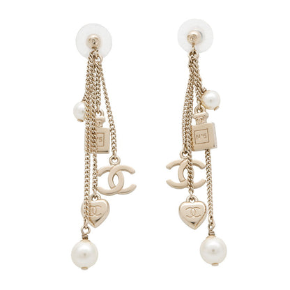 CHANEL CC Logo Perfume Bottle Heart Pearl Earrings Gold Metal Faux Pearl