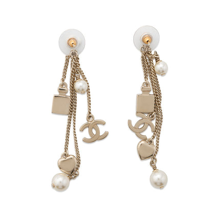 CHANEL CC Logo Perfume Bottle Heart Pearl Earrings Gold Metal Faux Pearl