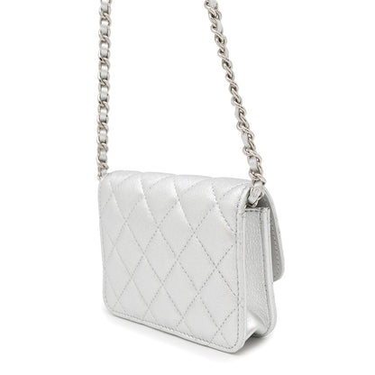 CHANEL Star Motif Chain Card Case Silver Lambskin