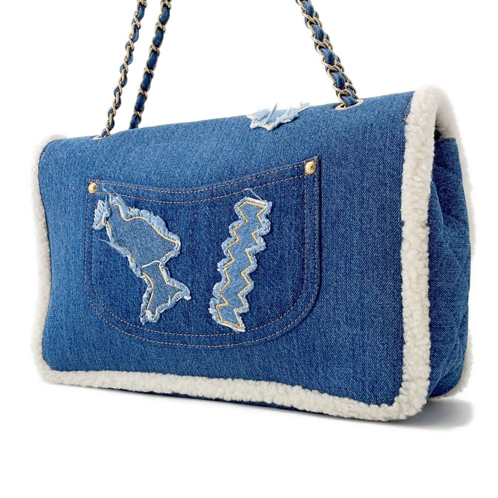 CHANEL Egyptian Line Single Flap Chain Shoulder Blue Denim Mouton