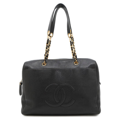 CHANEL CC Logo Chain Travel Bag Black Caviar Leather